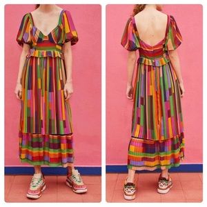 Farm Rio Painted Stripes Pleated Dress